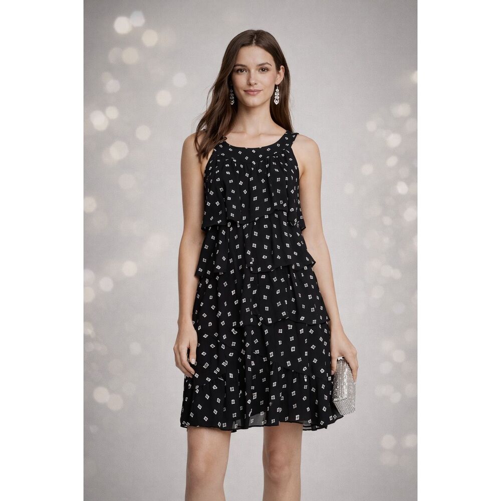 WHBM Black Tiered Ruffle Sleeveless Dress XS Diamond Print